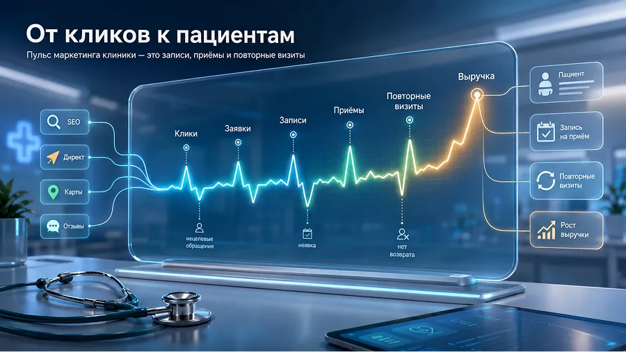 Заявка — только верхний уровень. Для оценки маркетинга клинике важно видеть, сколько обращений превращаются в записи, визиты, повторные приёмы и выручку